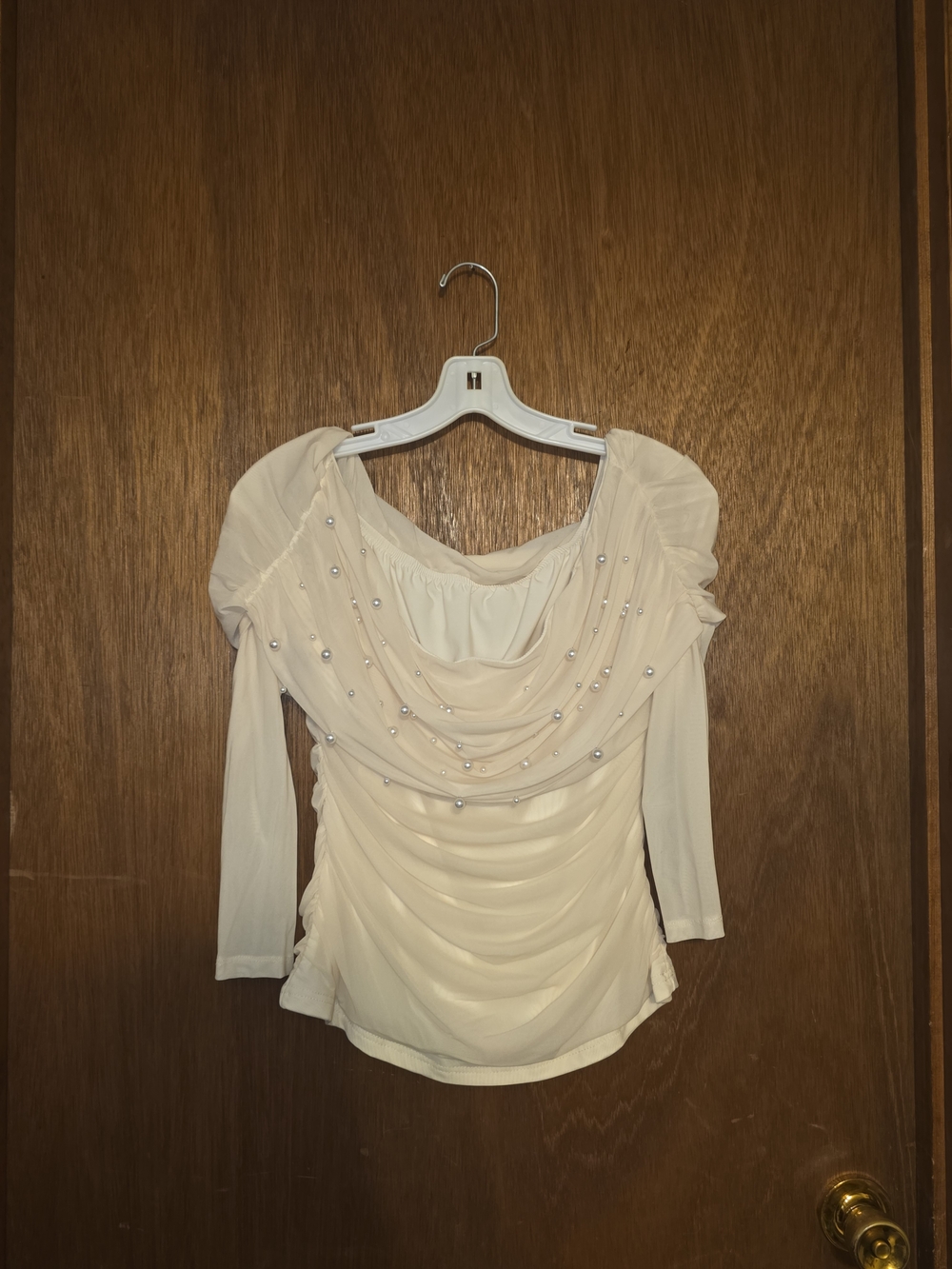 Women's Cream Drape Front Long Sleeve Top